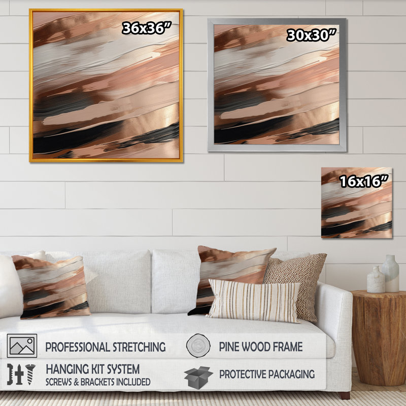 «Rosegold And Pink Forms In Contemporary II», reproduction sur toile abstraite, L 30 po x H 30 po, Cadre flottant doré