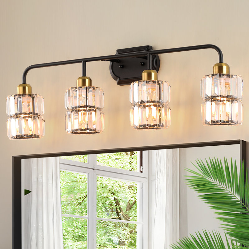 Black and Brass Crystal Bathroom Vanity Light with Clear Crystal Shades for Bathroom, 4 Lights