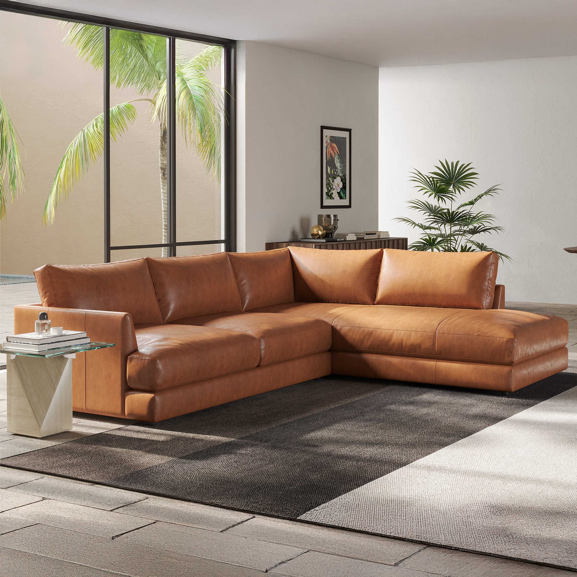 Valencia Theater Seating Serena Leather 2-Piece Bumper Chaise Sectional Sofa,  Cognac \u0026 Reviews | Wayfair, image size:2000x2000