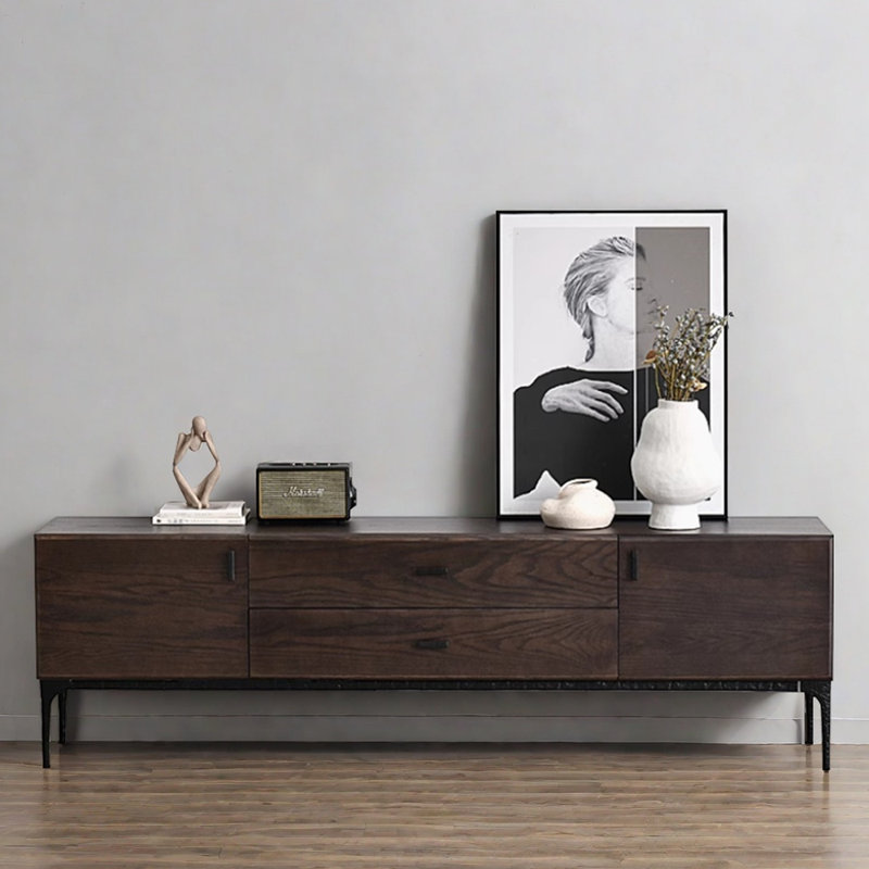 Meuble télé minimaliste de conception rétro, H 23,62 po x L 86,61 po x l 15,74 po, Noir / bois brun foncé
