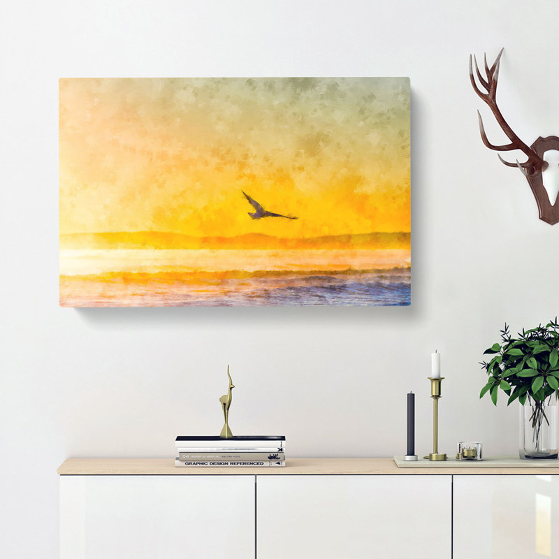 Seagull Flying Over The Beach Painting - Wrapped Canvas, 50cm H x 76cm W x 3cm D