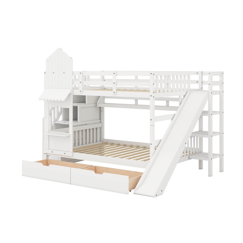 Lit superposé de style château, lit superposé de château avec tiroirs, tablettes et glissoire, cadre de lit en bois, Blanc