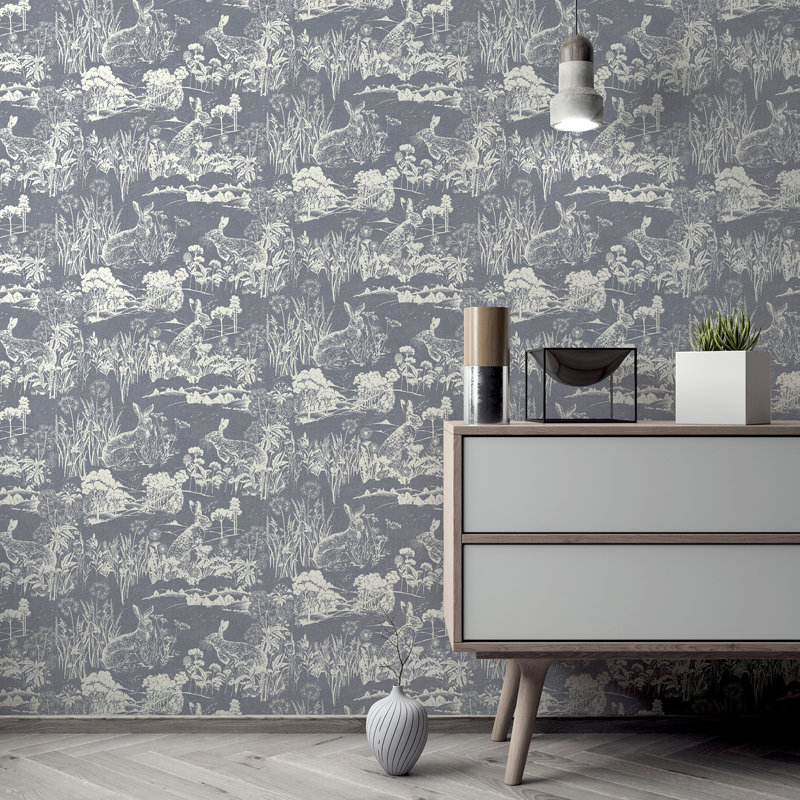 Hattie Navy Meadow Hare Wallpaper