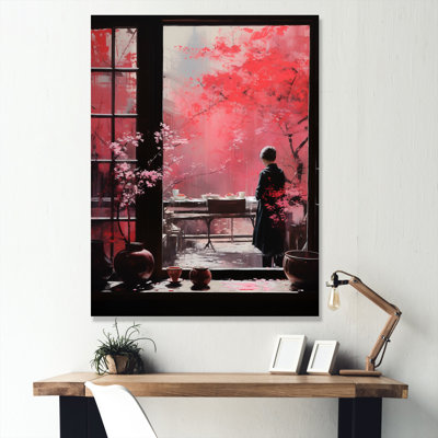 Rose, Japon, fenêtre, vue, femme, art mural