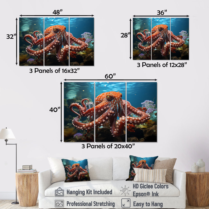 The Graceful Octopus - Ensemble d'art sur toile, pieuvre / calmar, H 40 po x l 60 po