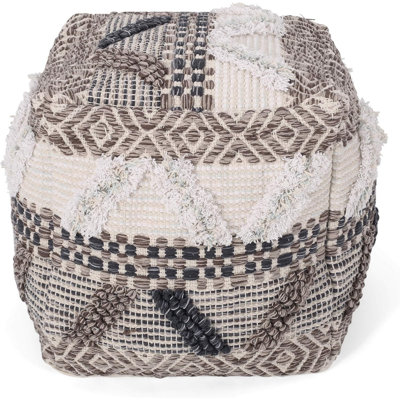 Ottoman Pouf, 16 Inch, Boho Design, White Beige Woven Wool, Bead Fill