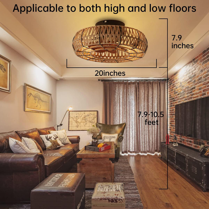 20" Caged Ceiling Fans with Lights and Remote, Boho Flush Mount Ceiling Fan with Light, Low Profile Chandelier 6 Speed Bladeless Reversible Ceiling Fan w/ 4 Bulbs. for Living Room Bedroom.