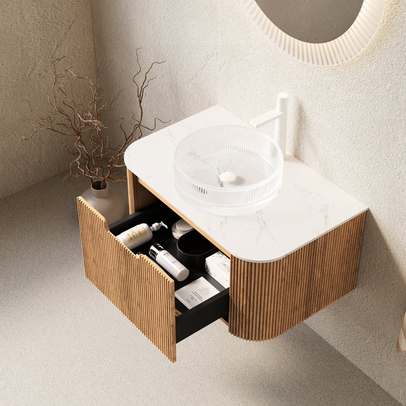 Meuble-lavabo de 30 po avec lavabo artistique rayé transparent, finition 3D grain de bois naturel, armoire pré-assemblée, glissières de tiroir à fermeture en douceur, grand espace de rangement, contreplaqué, décor moderne