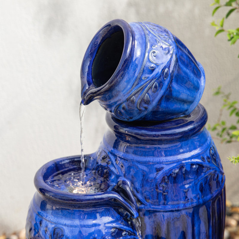 Fontaine en pot à 3 niveaux en céramique avec lumière, Bleu de cobalt, H 35,5 po x l 17 po x P 17 po