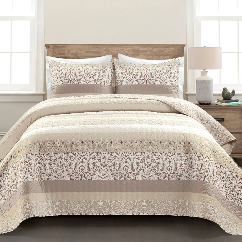 Boho Stripe Reversible Coverlet Set, Full/Queen Quilt + 2 Standard Shams, Neutral
