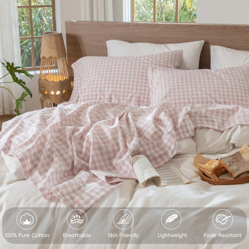 Ensemble de draps 100% coton lavé MooMee, Full Sheet Set with 2 Pillowcases, Rose cendré