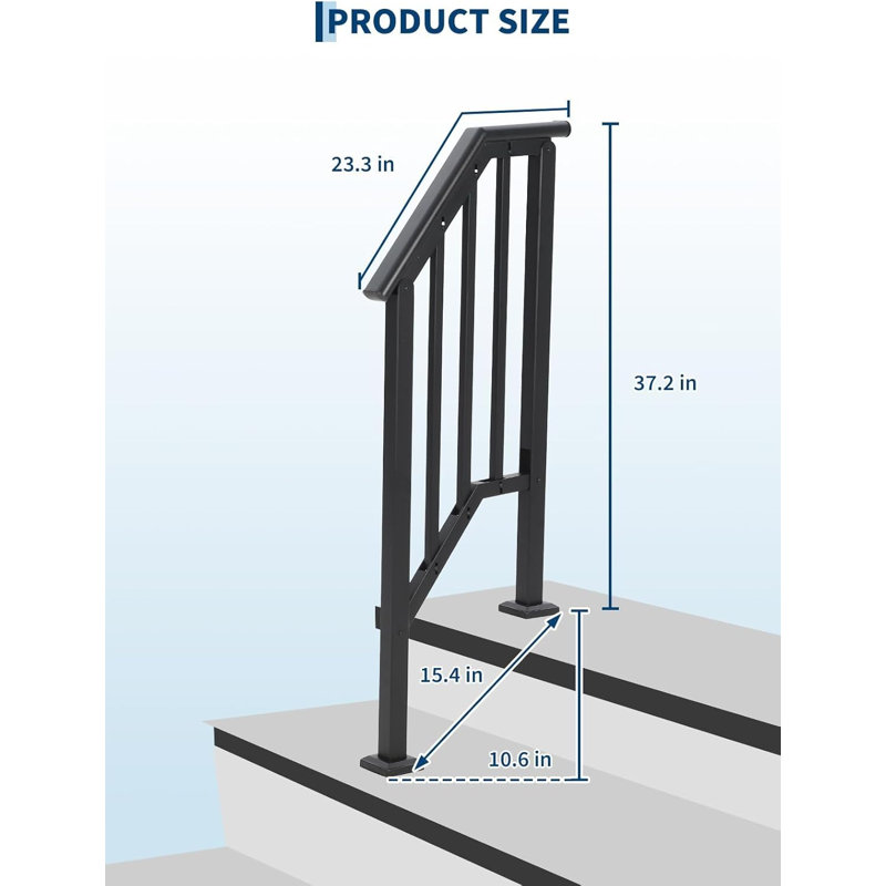 Rampe d'escalier réglable pour l'extérieur avec balustres - Ensemble de rampe en fer forgé pour 1 à 2 marches - Installation facile à faire soi-même - Convient aux escaliers en béton, porche, terrasse ou bois - Noir