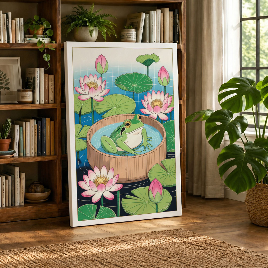 Frog in Lily Pond Botanical - Wrapped Canvas