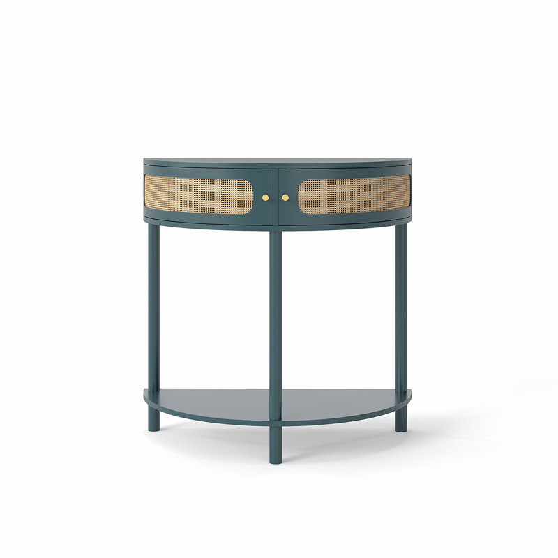 Unique Half Moon Console Table with Rattan Storage for Various Rooms, Enhancing Interior Style, Green
