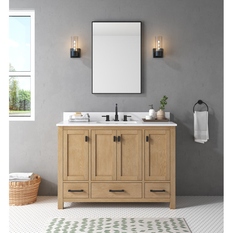 Modero 48" Single Bathroom Vanity with Top, Black, Brushed Oak, Cala White Marble