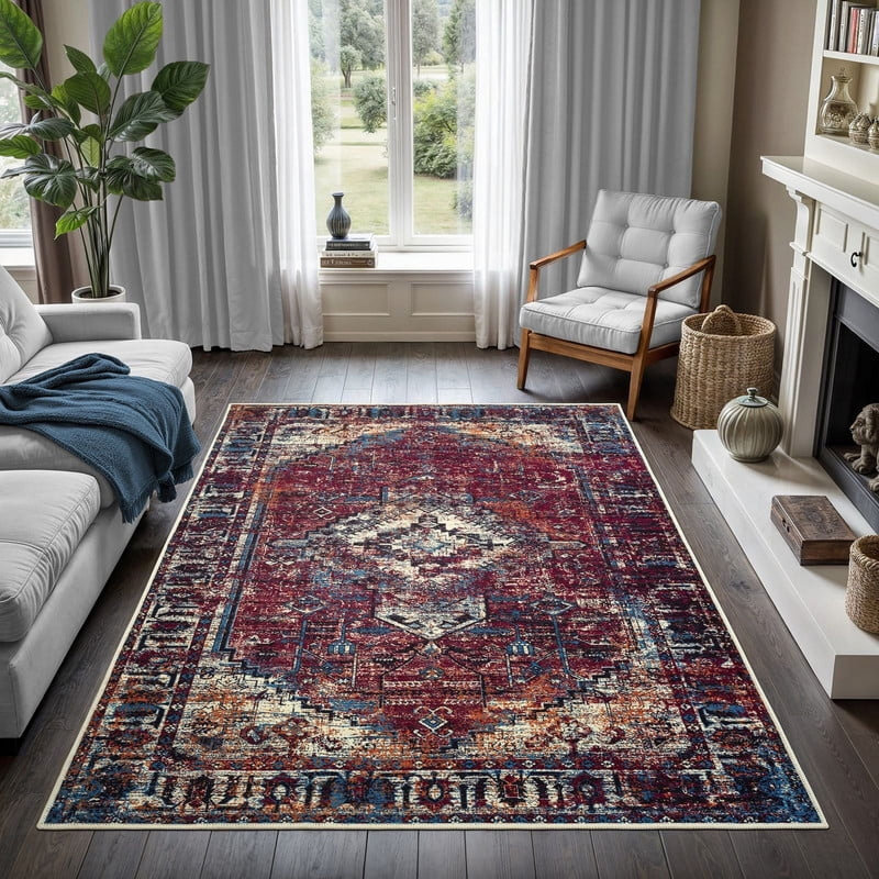 GLN Rugs Vintage Collection - Machine Washable Area Rug, Vintage Washable Rug, Non Slip Area Rug, Low Pile Living Room Rug, Bedroom Rug, Bathroom Rug - Easy Clean (Burgundy Rug)