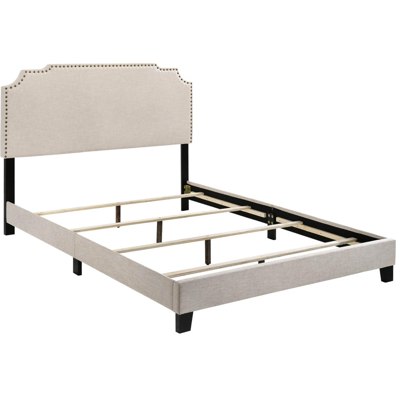 Beige Queen Panel Bed With Modern Style And Nailhead Trim Bedroom Glamorous