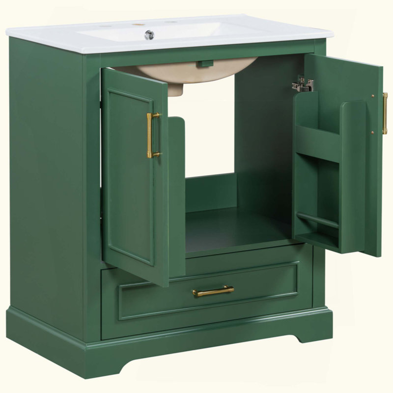 Bathroom Vanity With Sink, MDF And Solid Wood Frame, 1 Divider Drawer And 2  Doors (Double Shelf On Door), Freestanding Vanity