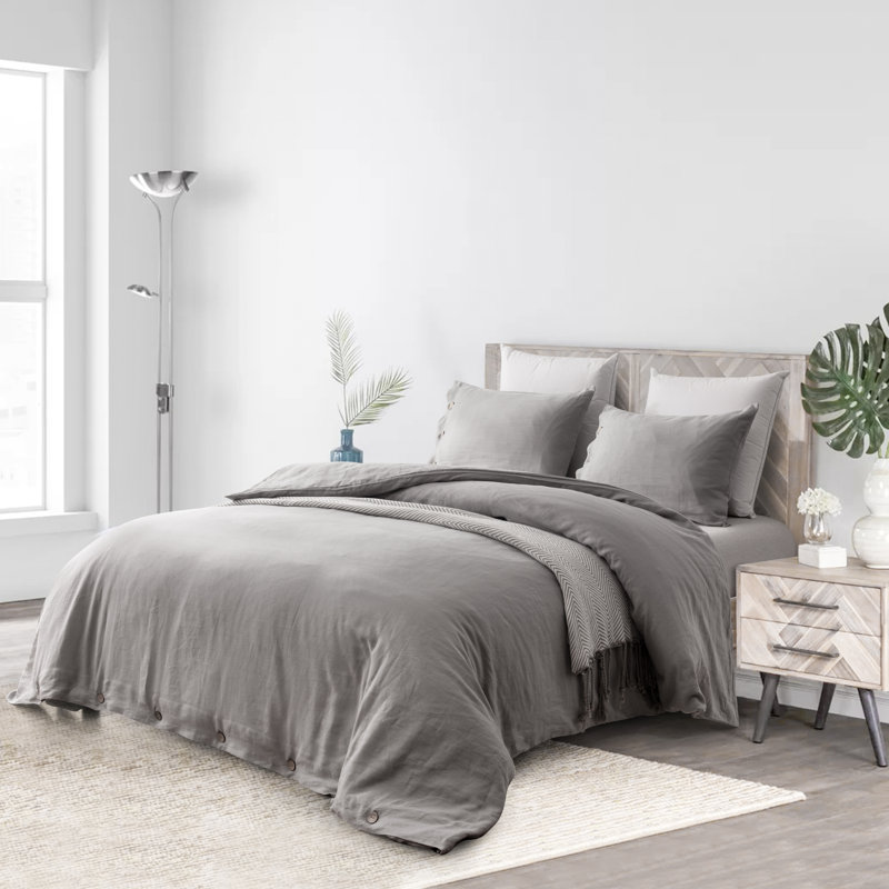  Ensemble de housse de couette réversible en lin français délavé à la pierre, Housse de couette grand et 2 taies décoratives
