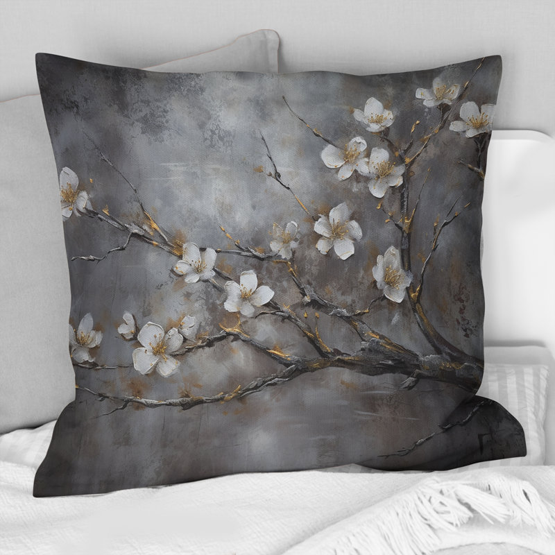 Coussin décoratif à imprimé floral blanc et gris Cherry Blossom II