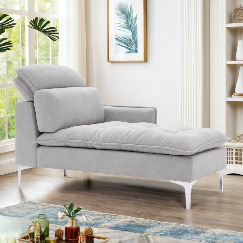Chaise longue rembourrée Meshawn avec appui-tête réglable, Lin gris pâle