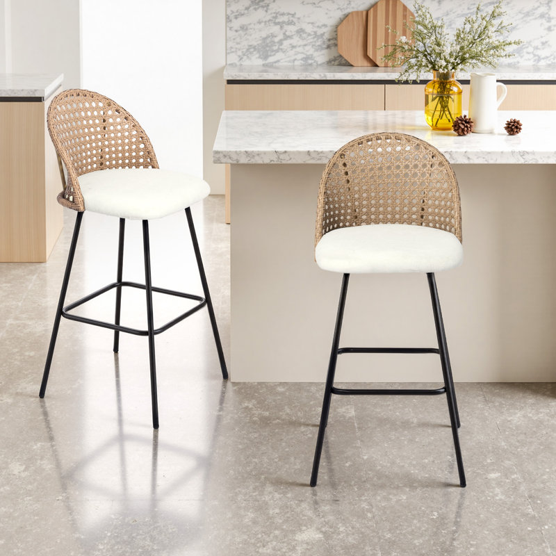 Upholstered Beige Rattan Full Back Counter Bar Stool, Beige