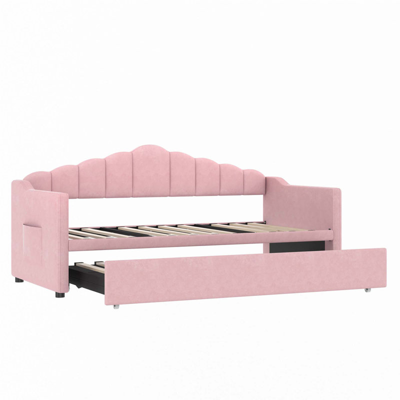 Upholstered Twin Size Daybed with Adjustable Height Pop Up Trundle Twin Bed and USB & Type-C Charging Port, Pink