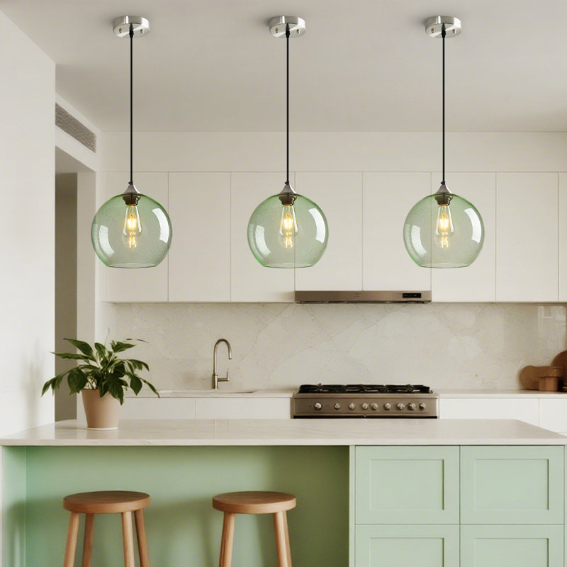 Luminaire suspendu en forme de globe à 3 lumières Charolyn Luminaire suspendu en verre pour îlot de cuisine, Vert clair