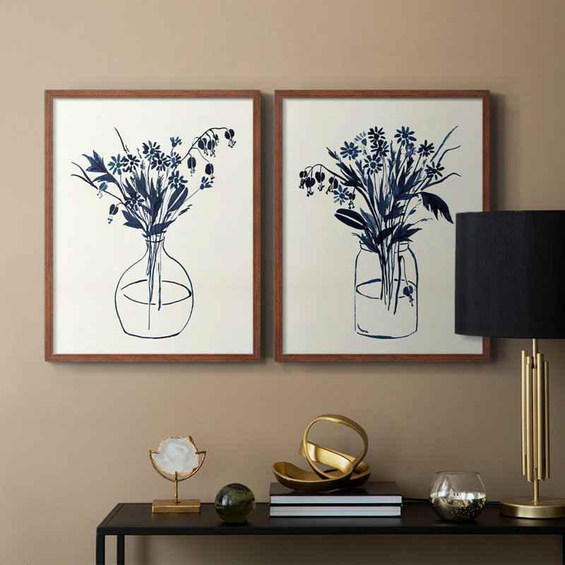 Vase floral indigo I - impression encadrée de qualité supérieure - prêt à être accroché - aucun clou requis - aucun clou requis