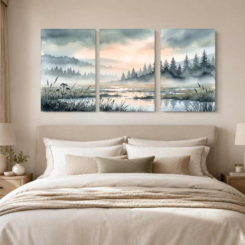 «Misty Pine Forest at Dawn with Wetlands», ensemble de 3 toiles murales, 30"H x 20"W x 3pcs