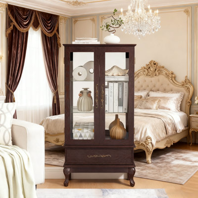 Lighted Curio Cabinet - Adjustable Glass Shelves, 2 Glass Doors & 1 Drawer, Included Bulb (25.98”X11.81”X51.58”)，Cherry