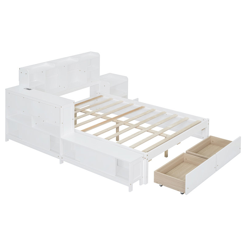 Lit plateforme double en bois avec rangement pour tête de lit, bureau, ports USB, table de chevet et 2 tiroirs, blanc, Blanc