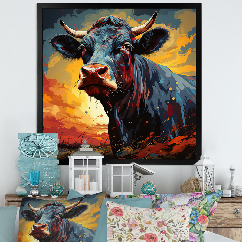 Portrait de vache colorée expressionniste I - reproduction sur toile, H 30 po x l 30 po x P 1 po, Cadre simple noir