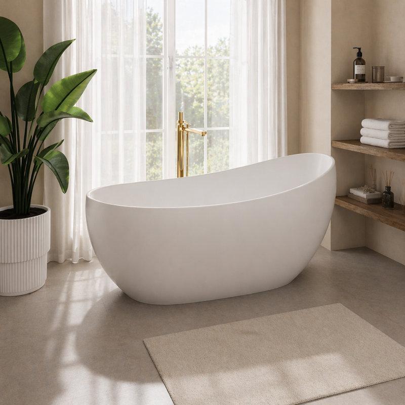 Asymmetrical Moon Design Freestanding Bathtub 63" Matte White Resin Stone Soaking Tub With Backrest  For Ergonomic Comfort