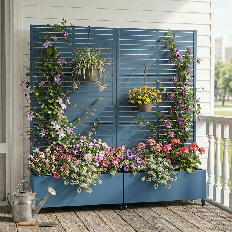 Lit de jardin en métal avec treillis et roues H 6 pi x l 3 pi - bleu, Bleu, H 73 po x l 35 po x P 16 po