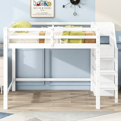 Full Size Loft Bed In White With Built-In Storage Space And Staircase - Robust Pine Wood Frame For Bedroom Integrated Construction Setup