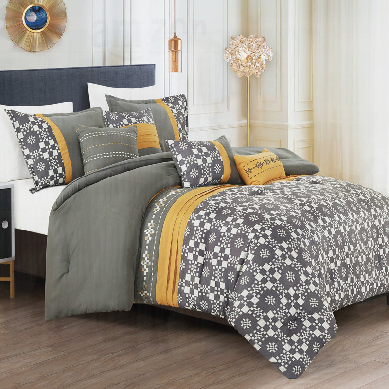 Ensemble d'édredon 7 pièces avec broderie et imprimé, microfibre douce, 100% polyester, collection de literie toutes saisons