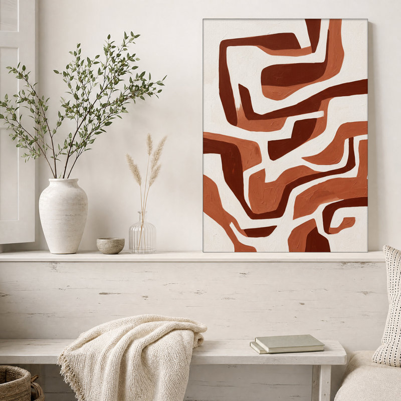 Toile murale abstraite texturée rouille et crème à coups de pinceau, H 30 po x l 20 po