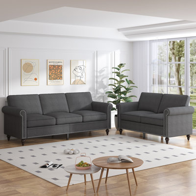 2-Piece Linen Sectional Sofa Set with Rivet Accents