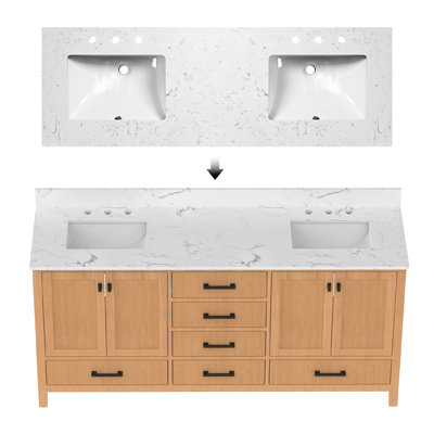 72 Inch Freestanding Bathroom Vanity with Double Basin and Solid Wood Frame in Natural Oak