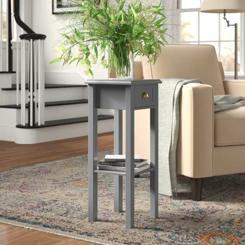 Gray Wooden Narrow End Table with Drawer and Shelf