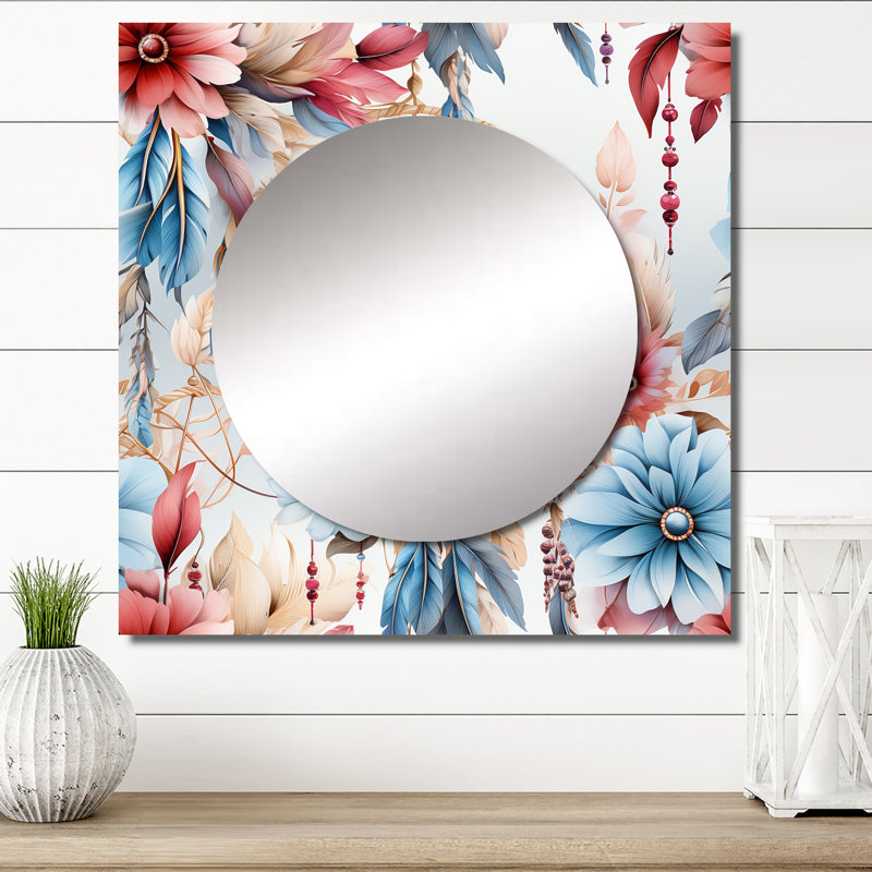 Motif bohème rose et bleu Dreamcatchers - miroir carré floral pour salle de bain, 36 po x 36 po