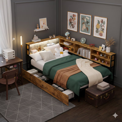 Twin-Sized Corner Daybed Featuring Storage Drawers, A Bookcase Headboard, LED Lighting, And A USB Charging Station.