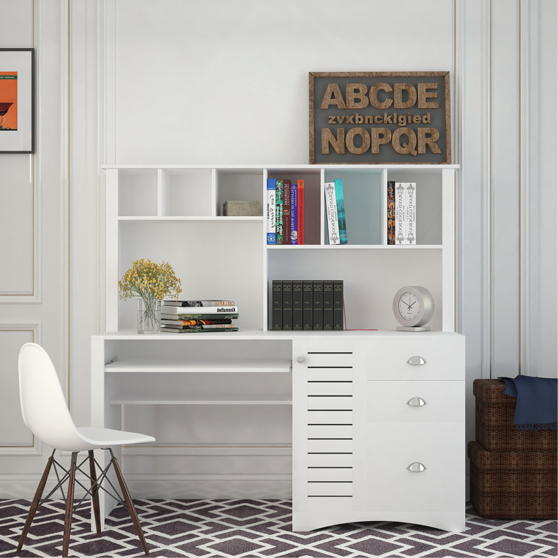Bureau d'ordinateur à domicile avec huche, finition antique, Blanc