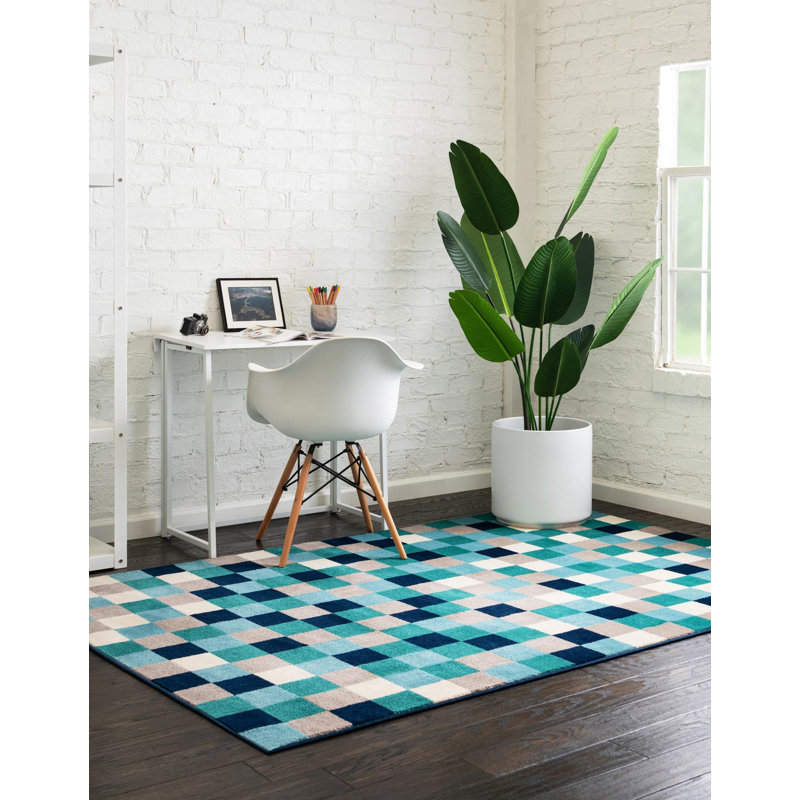 Tapis bleu / brun / crème tissé à la machine Analiese, Rectangle 7 pi 10 po x 10 pi