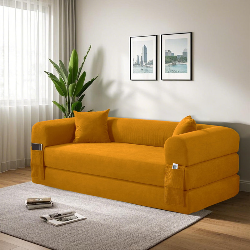 Boneless Convertible Sleeper Sofa Bed with Cylindrical Pillow, Corduroy Folding Mattress Couch, Floor Sofa Sofa-in-a-Box, No Installation & Easy to Transport, Deep Seat