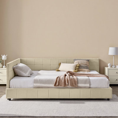 Full Size Upholstered Tufted Daybed Sofa Bed Frame - Mid-Century Velvet with Backrest & Armrests, Beige (80.5" W x 59" D x 30.5" H)