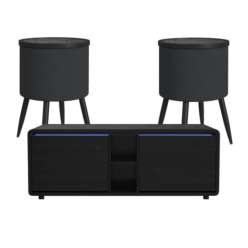 Ensemble de 3 tables d'appoint intelligentes Cimahi en noir : une table basse intelligente et deux tables d'appoint rondes intelligentes.