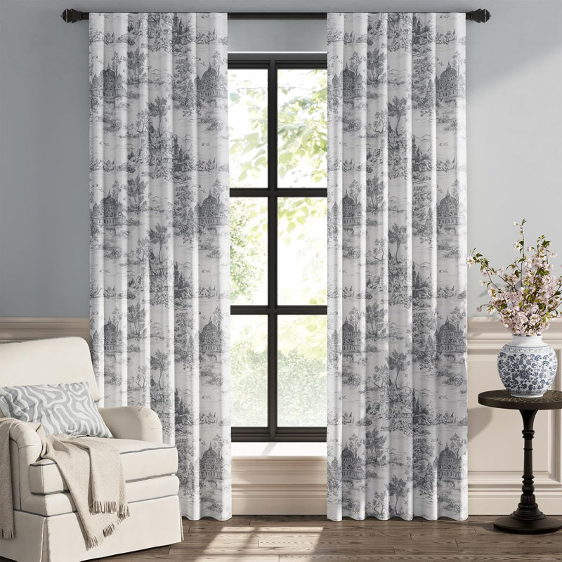 Rideaux en tissu français à imprimé français Castle, Bleu, L 50 po x L 84 po