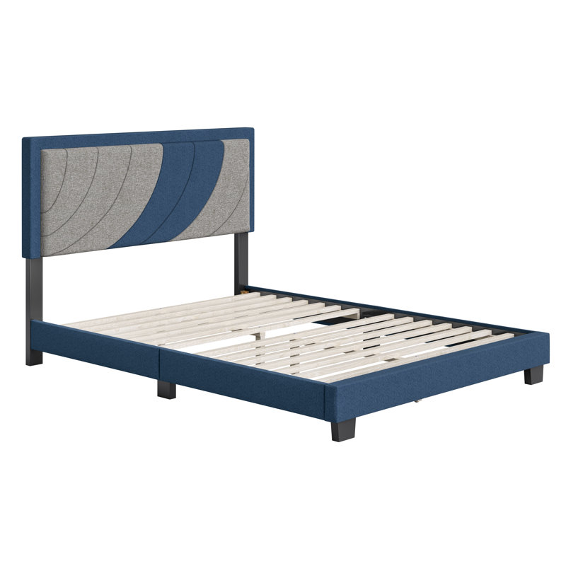 Full Blue and Gray Linen Upholstered Platform Bed with Headboard